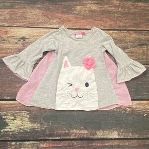 Good Lad Girls Gray & Pink Cat Applique Long Sleeve Top with Ruffle Sleeves 2T